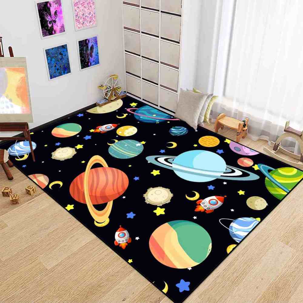 Playful Rockets & Moons Area Rug Cute Space Toddler Nursery | CozyLil