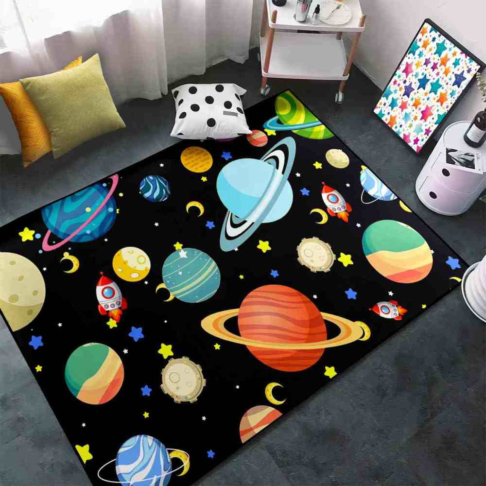 Playful Rockets & Moons Area Rug Cute Space Toddler Nursery | CozyLil