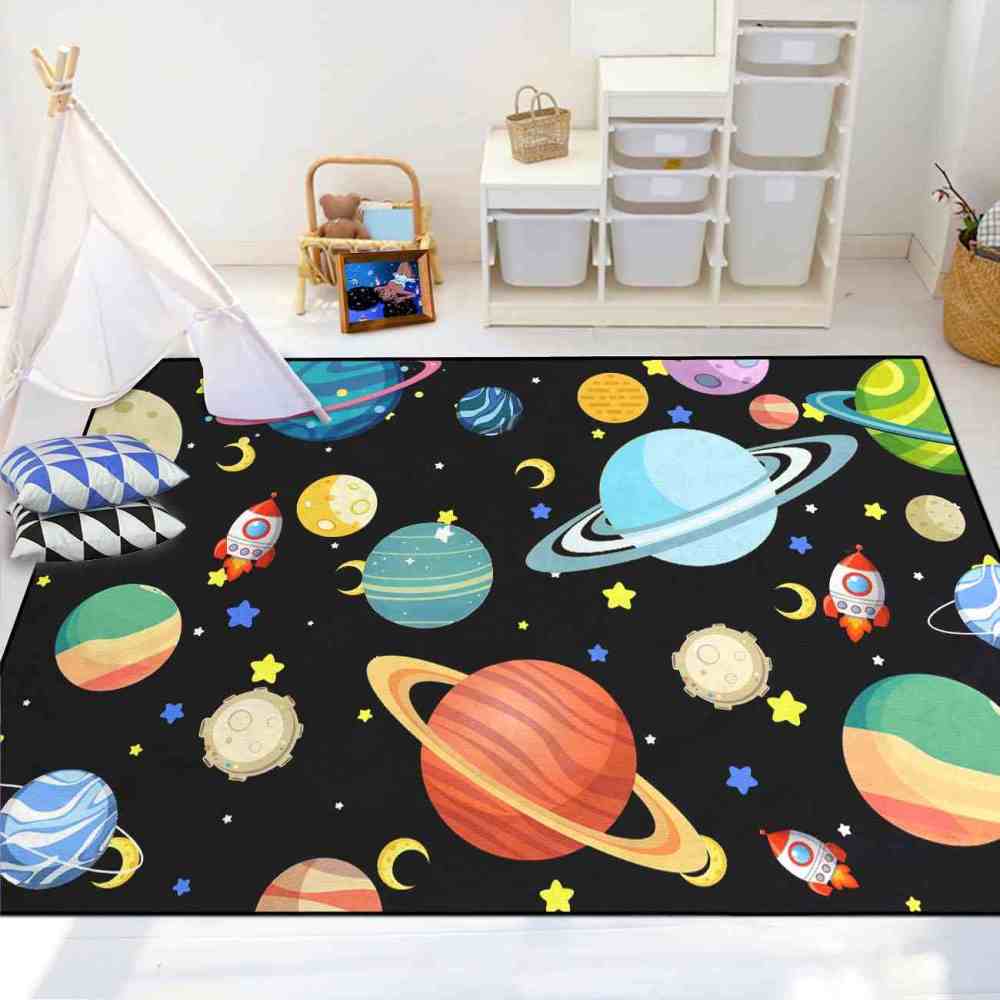 Playful Rockets & Moons Area Rug Cute Space Toddler Nursery | CozyLil