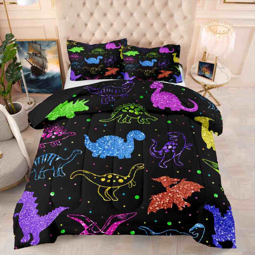 Colorful Glitter Dinosaur Comforter Set for Boys Bedroom Decor | CozyLil