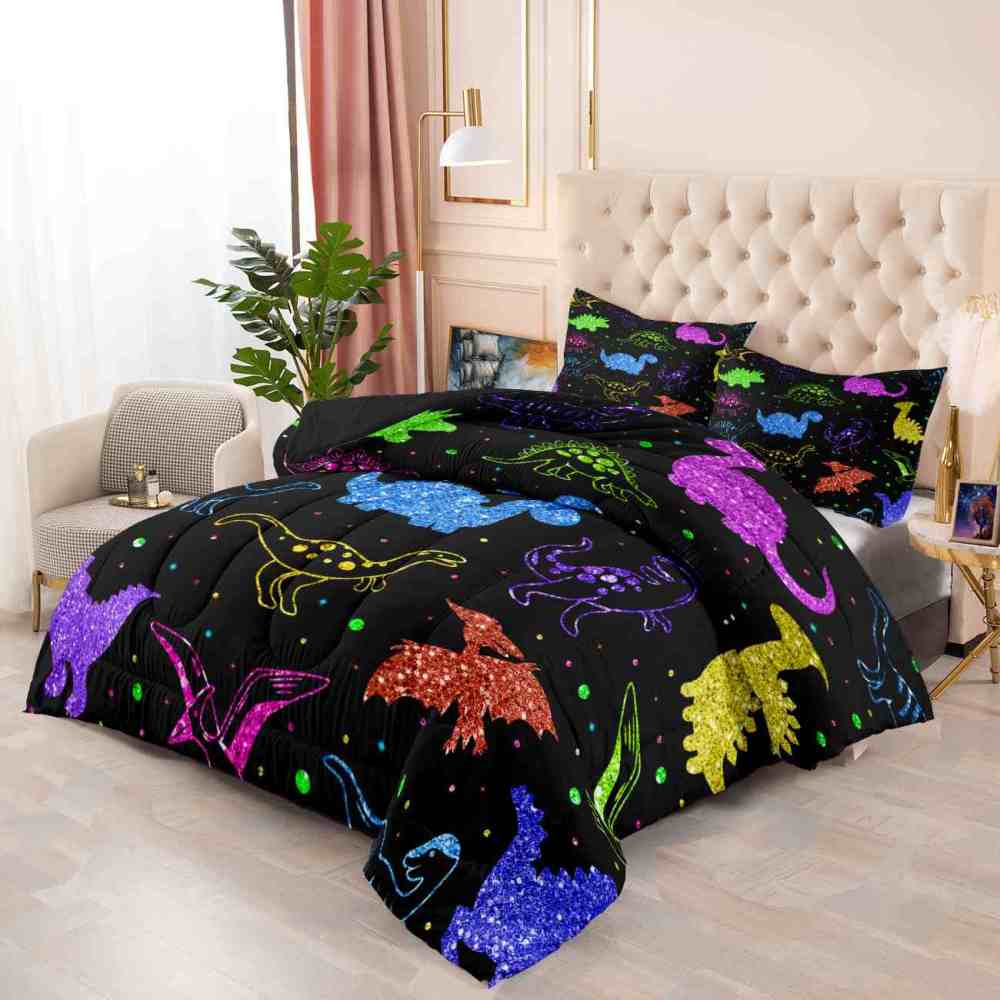 Colorful Glitter Dinosaur Comforter Set for Boys Bedroom Decor | CozyLil
