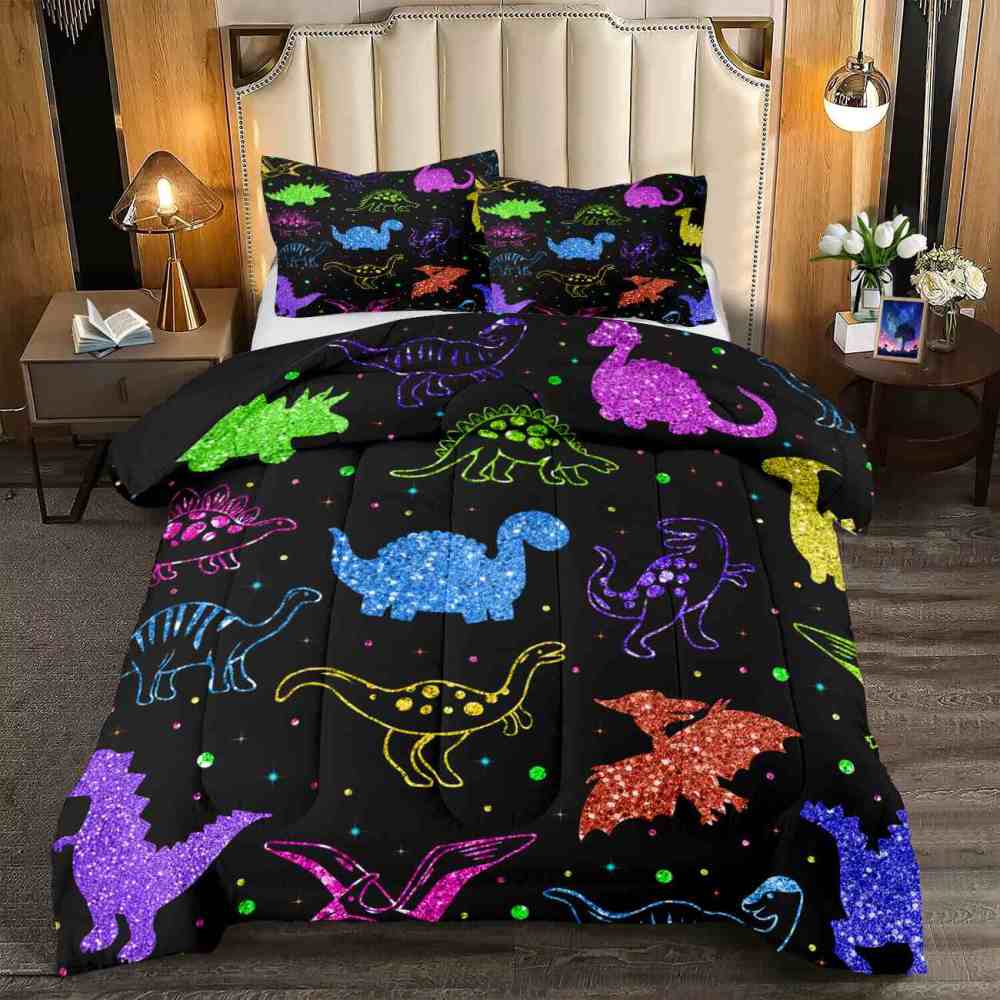 Colorful Glitter Dinosaur Comforter Set for Boys Bedroom Decor | CozyLil