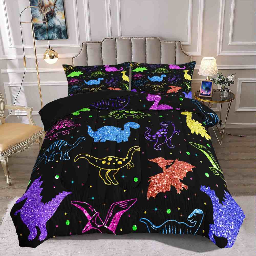 Colorful Glitter Dinosaur Comforter Set for Boys Bedroom Decor | CozyLil