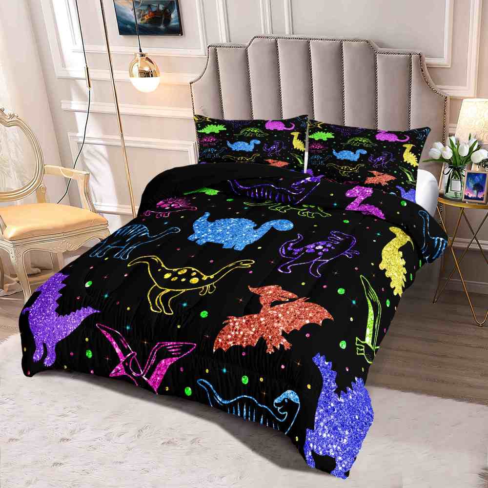 Colorful Glitter Dinosaur Comforter Set for Boys Bedroom Decor | CozyLil