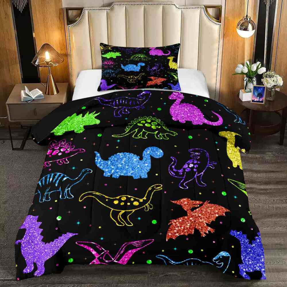Colorful Glitter Dinosaur Comforter Set for Boys Bedroom Decor | CozyLil
