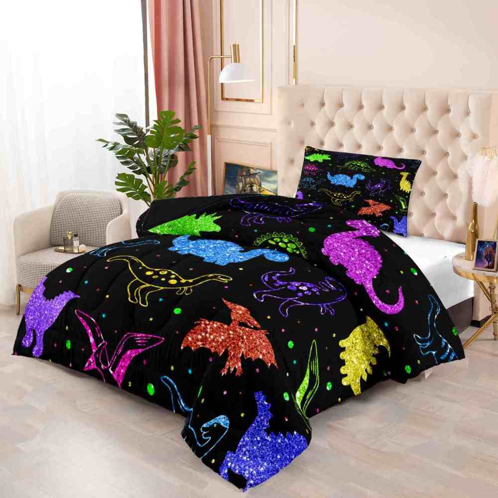 Colorful Glitter Dinosaur Comforter Set for Boys Bedroom Decor | CozyLil