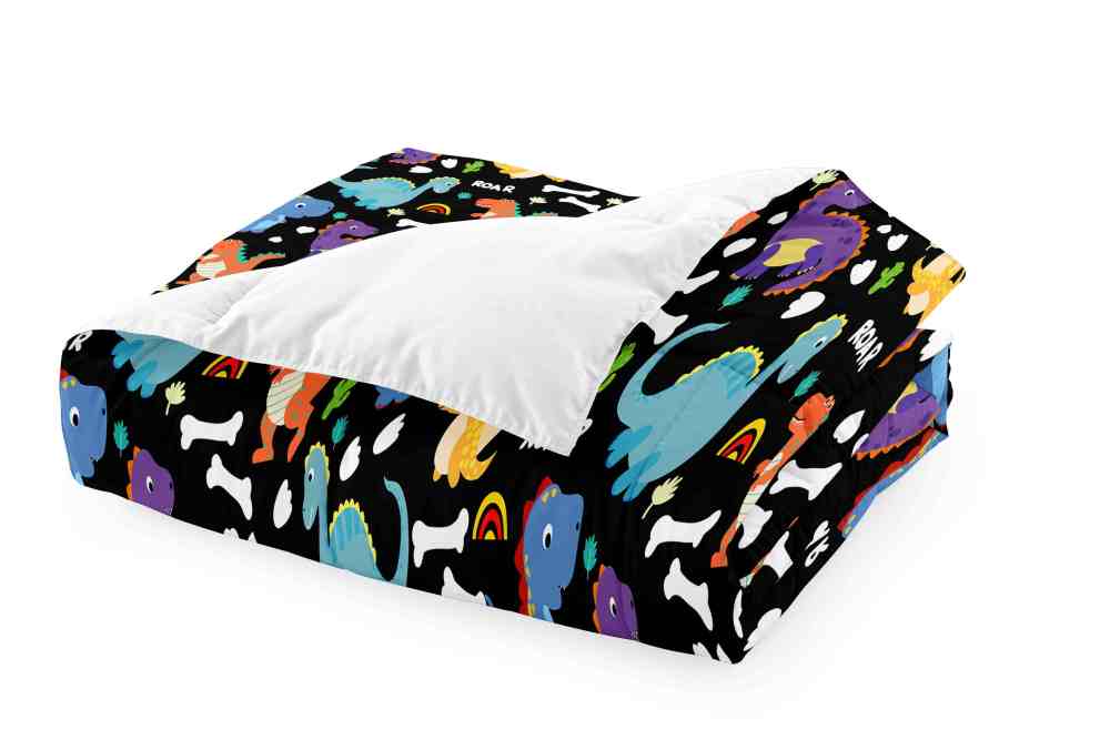 Cartoon Dino Roar Comforter Set with Bone & Rainbow Patterns | CozyLil