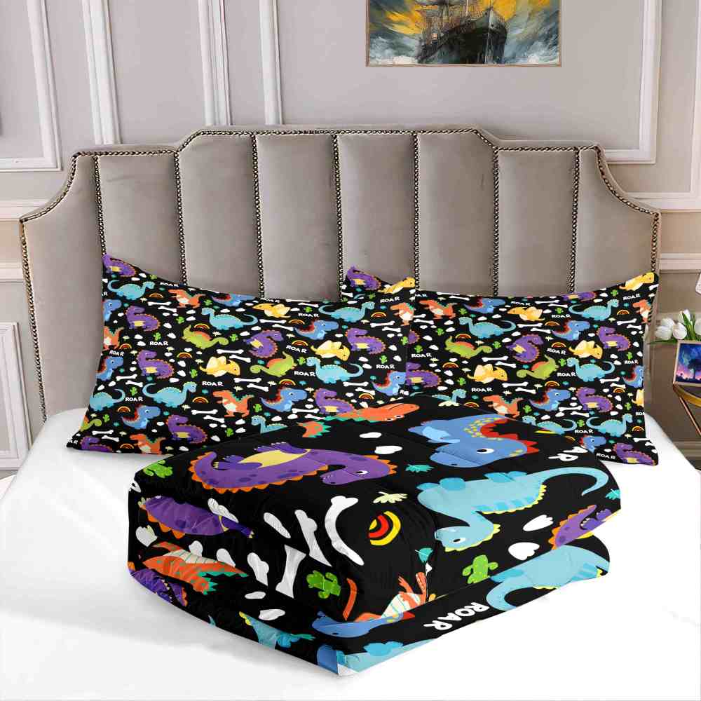 Cartoon Dino Roar Comforter Set with Bone & Rainbow Patterns | CozyLil