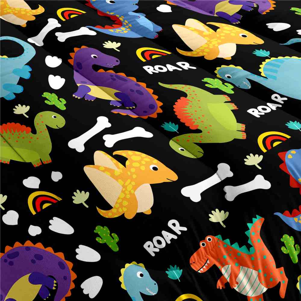 Cartoon Dino Roar Comforter Set with Bone & Rainbow Patterns | CozyLil
