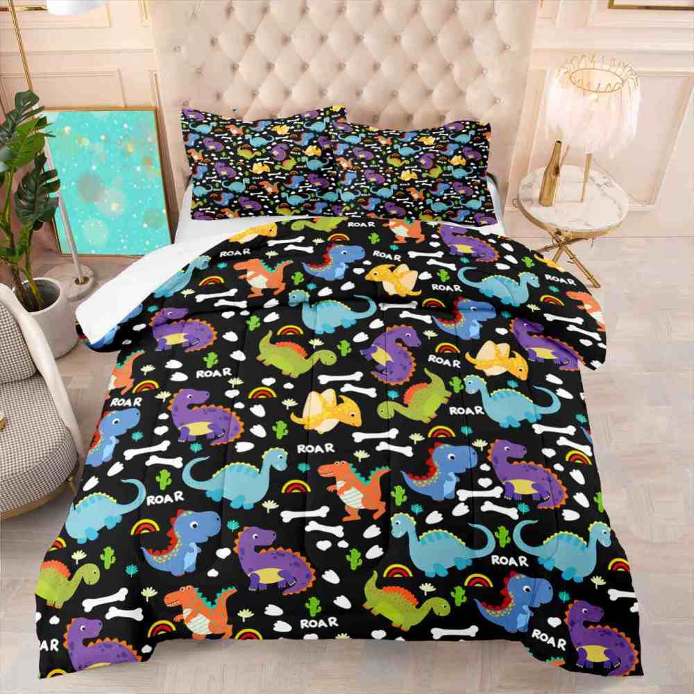 Cartoon Dino Roar Comforter Set with Bone & Rainbow Patterns | CozyLil