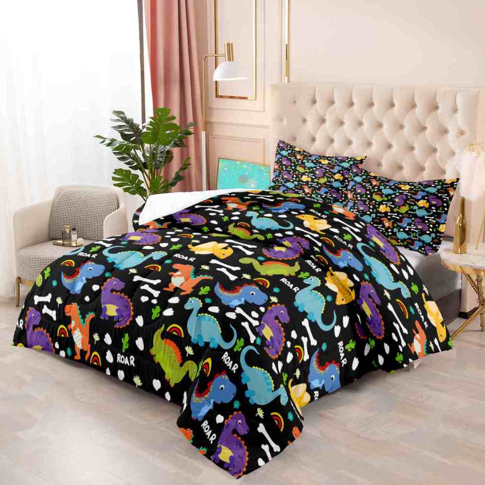 Cartoon Dino Roar Comforter Set with Bone & Rainbow Patterns | CozyLil