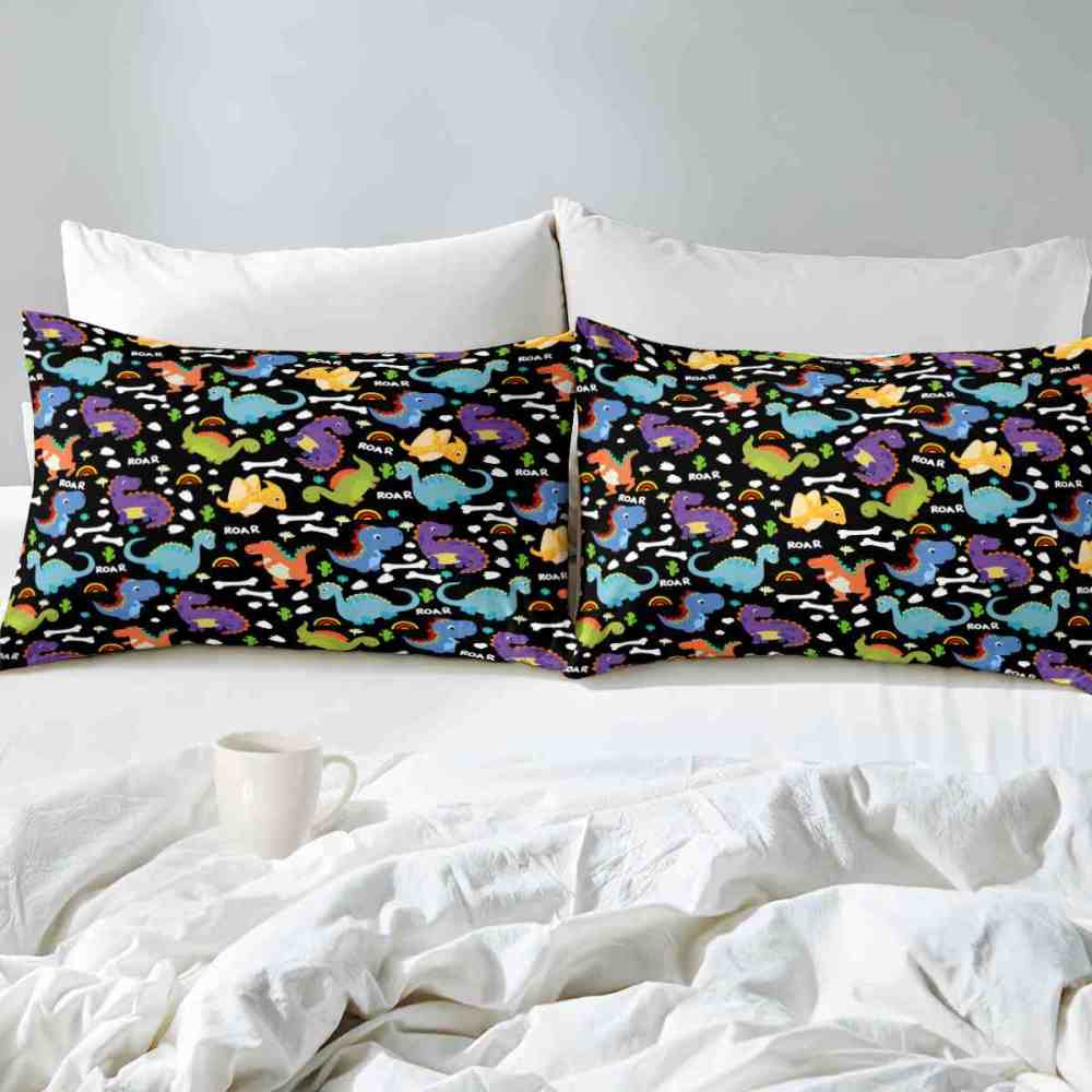 Cartoon Dino Roar Comforter Set with Bone & Rainbow Patterns | CozyLil