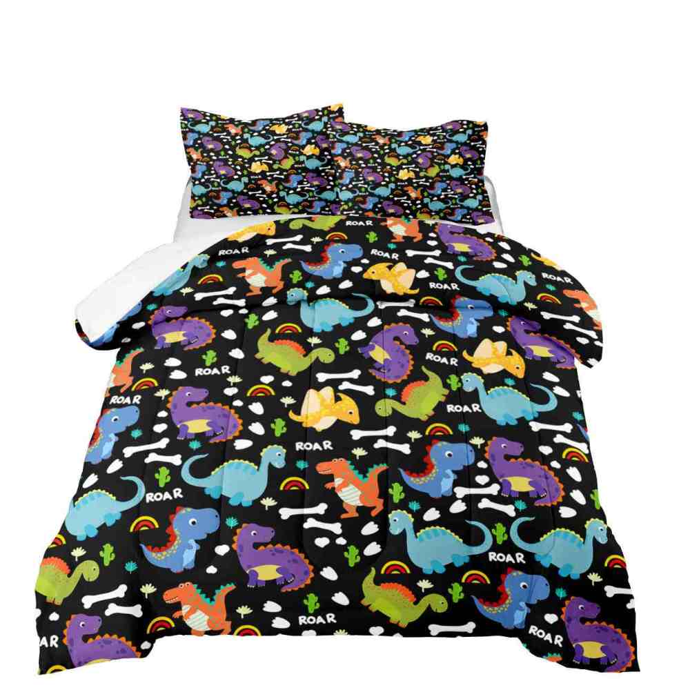 Cartoon Dino Roar Comforter Set with Bone & Rainbow Patterns | CozyLil