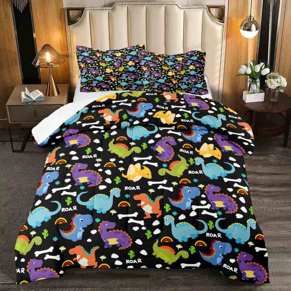 Cartoon Dino Roar Comforter Set with Bone & Rainbow Patterns | CozyLil
