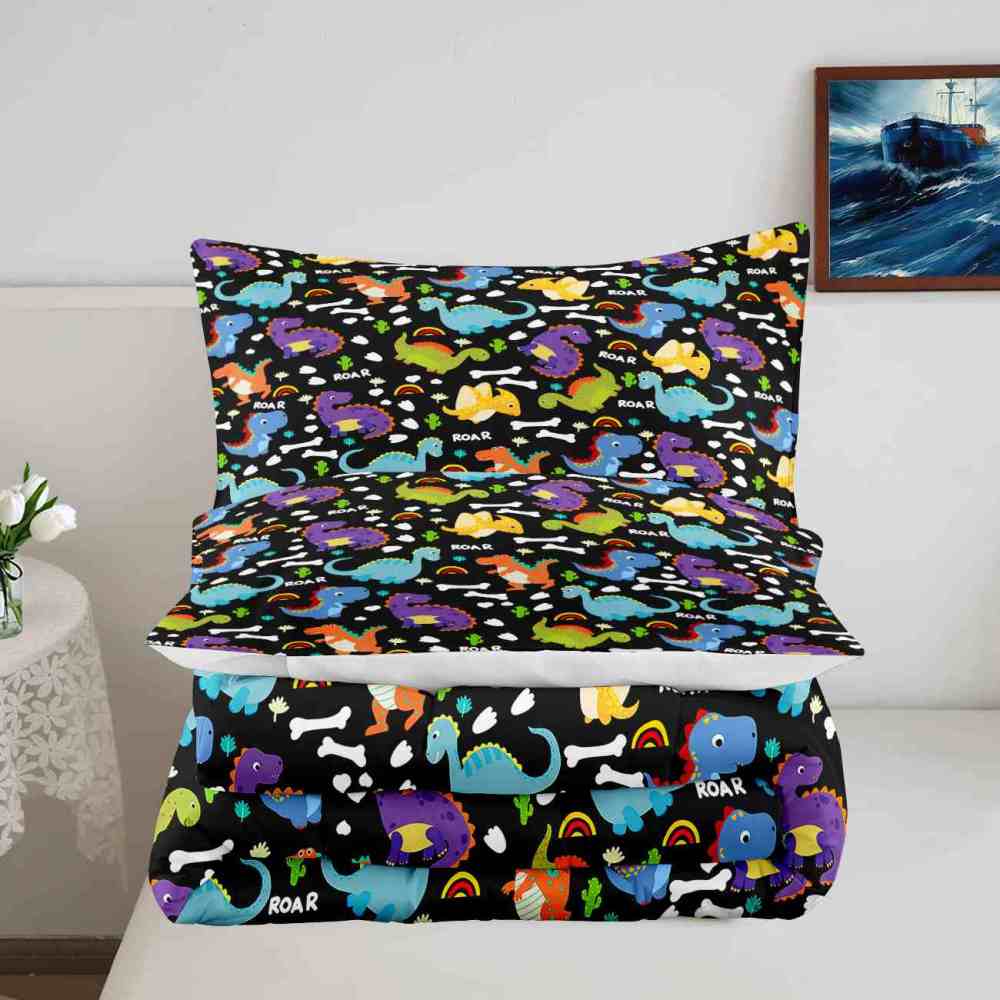 Cartoon Dino Roar Comforter Set with Bone & Rainbow Patterns | CozyLil