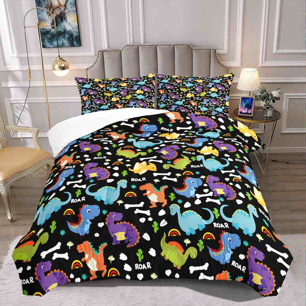 Cartoon Dino Roar Comforter Set with Bone & Rainbow Patterns | CozyLil