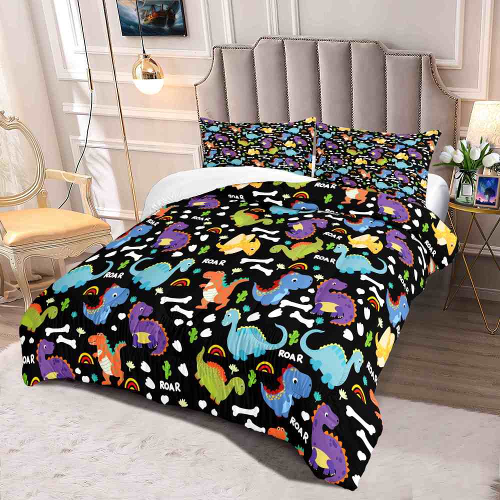 Cartoon Dino Roar Comforter Set with Bone & Rainbow Patterns | CozyLil