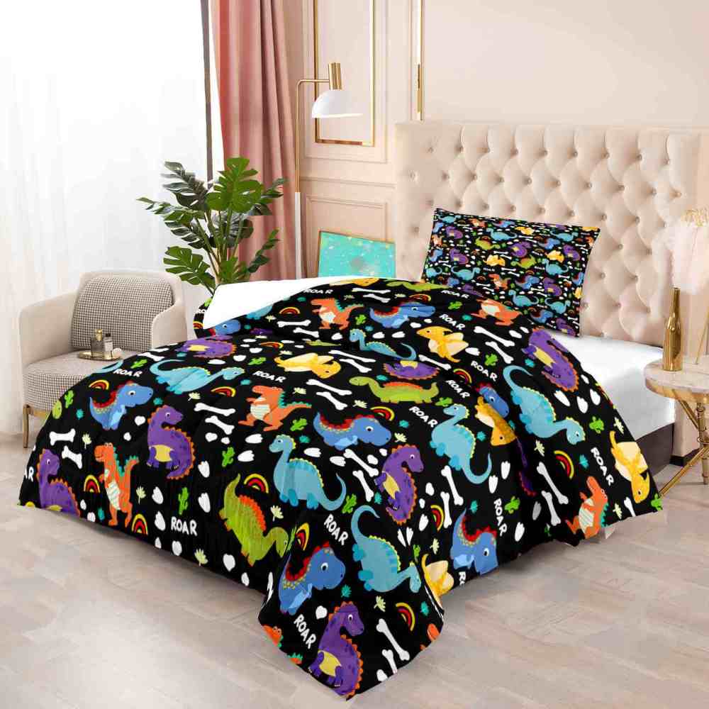 Cartoon Dino Roar Comforter Set with Bone & Rainbow Patterns | CozyLil
