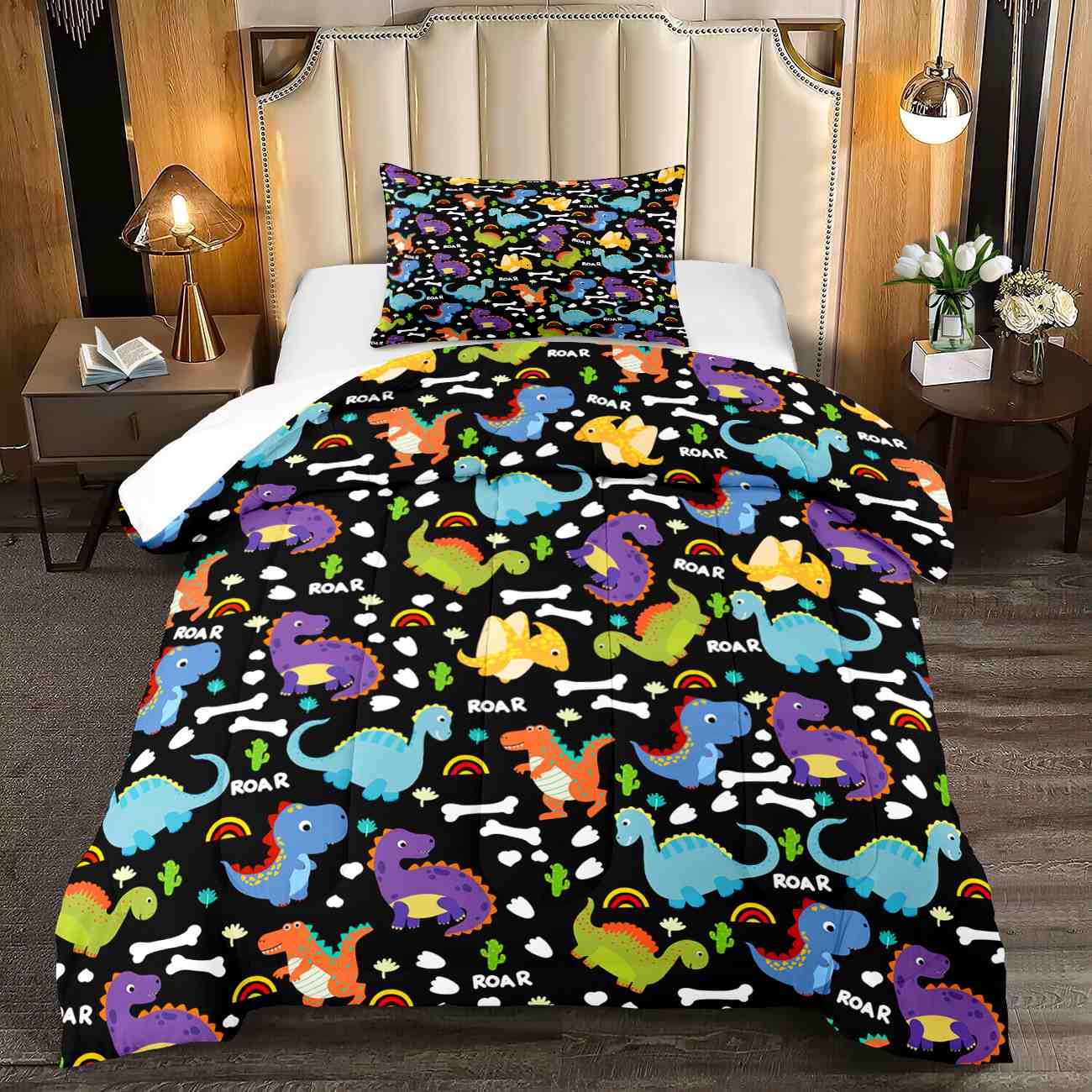 Cartoon Dino Roar Comforter Set with Bone & Rainbow Patterns | CozyLil
