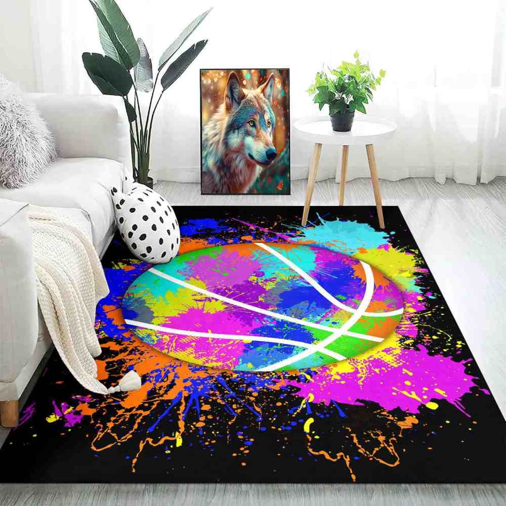 Colorful Paint Splatter Basketball Area Rug Kids Room | CozyLil