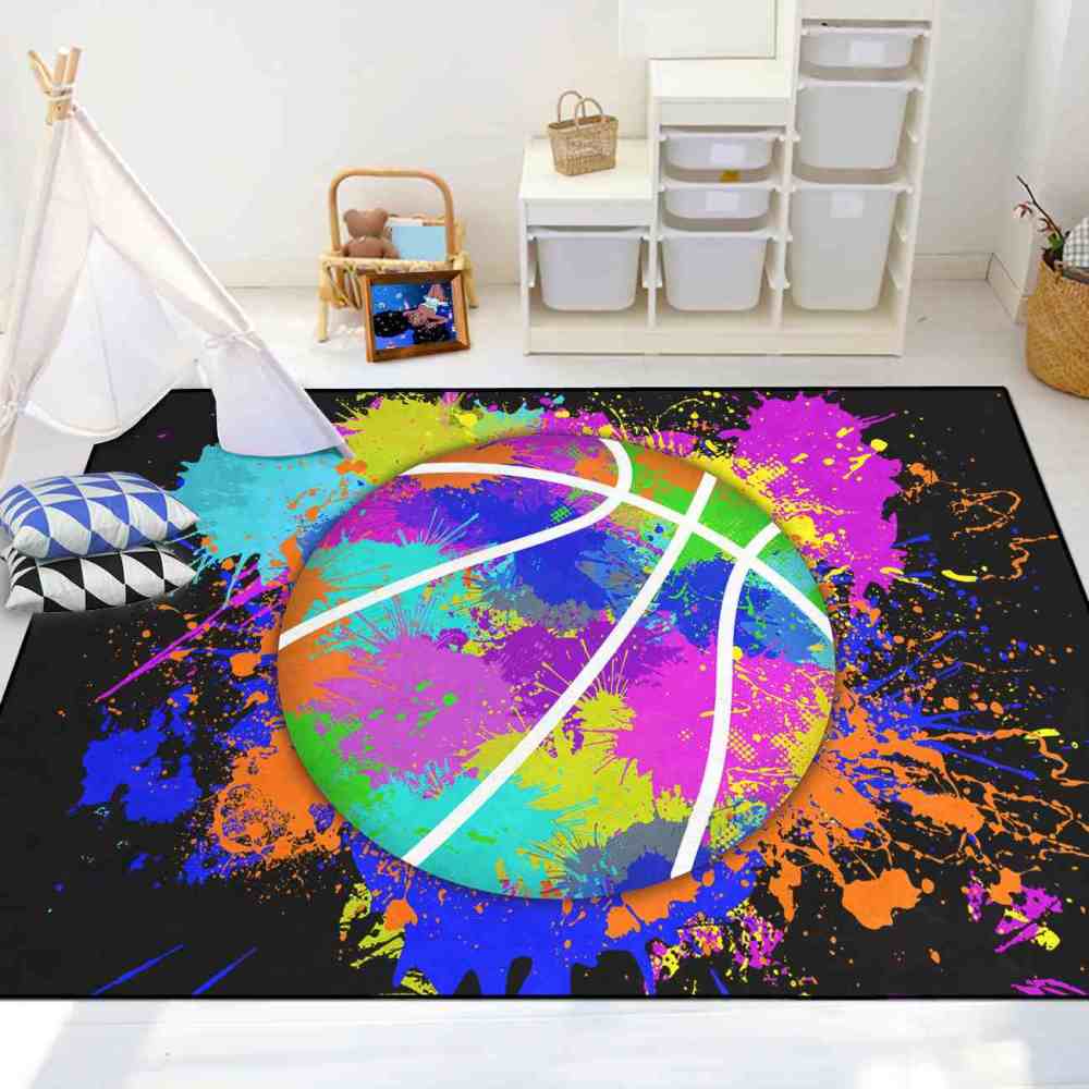 Colorful Paint Splatter Basketball Area Rug Kids Room | CozyLil