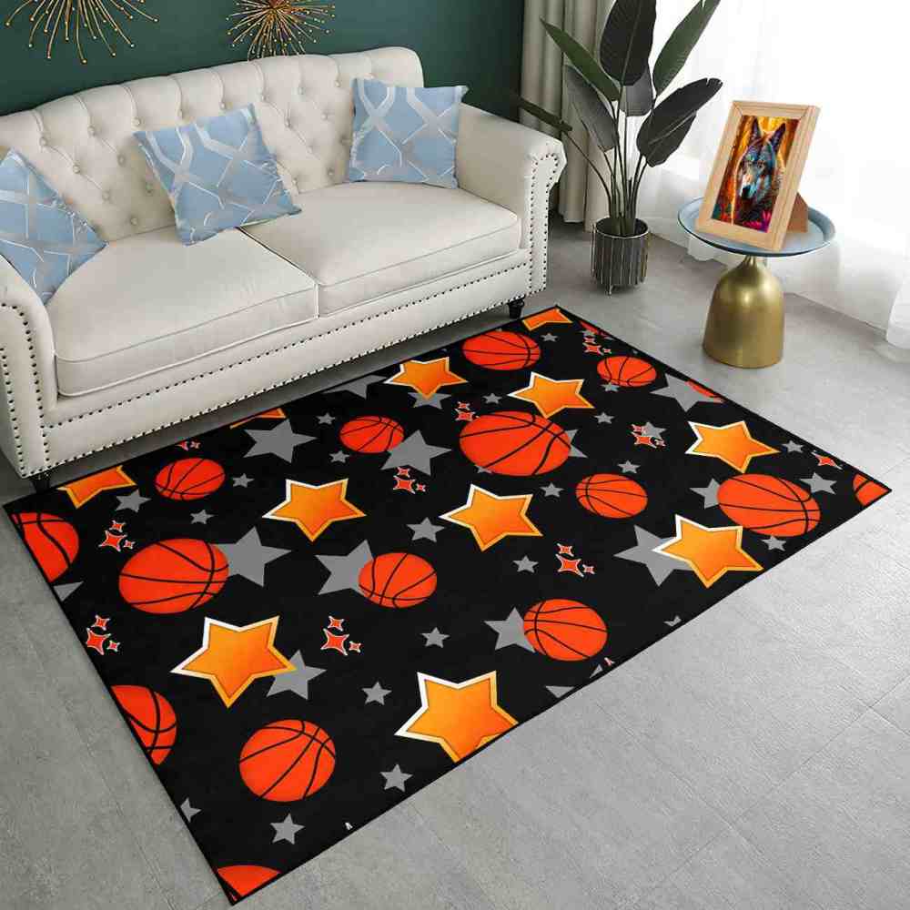 Sporty Basketball and Stars Pattern Area Rug Kids Nursery | CozyLil