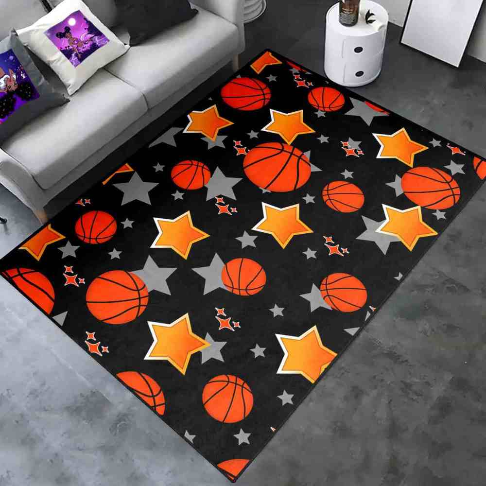 Sporty Basketball and Stars Pattern Area Rug Kids Nursery | CozyLil