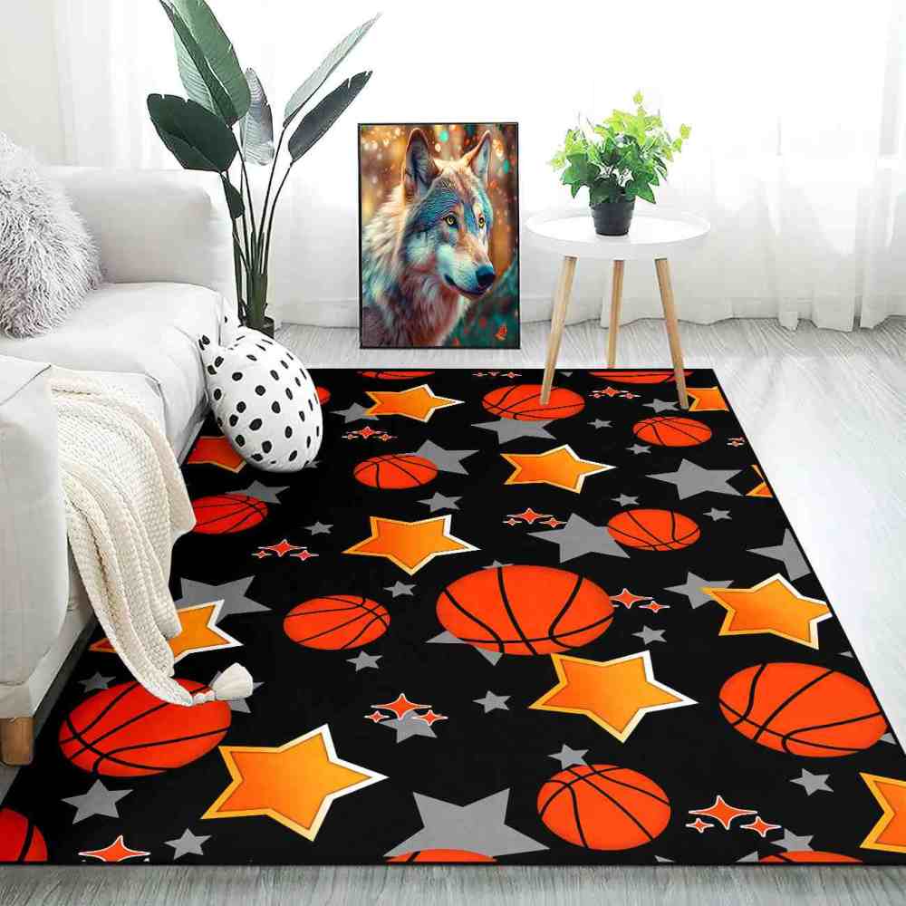 Sporty Basketball and Stars Pattern Area Rug Kids Nursery | CozyLil