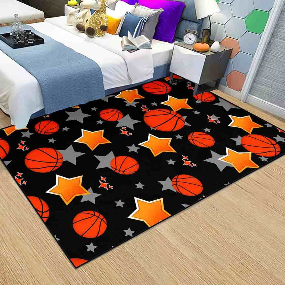 Sporty Basketball and Stars Pattern Area Rug Kids Nursery | CozyLil