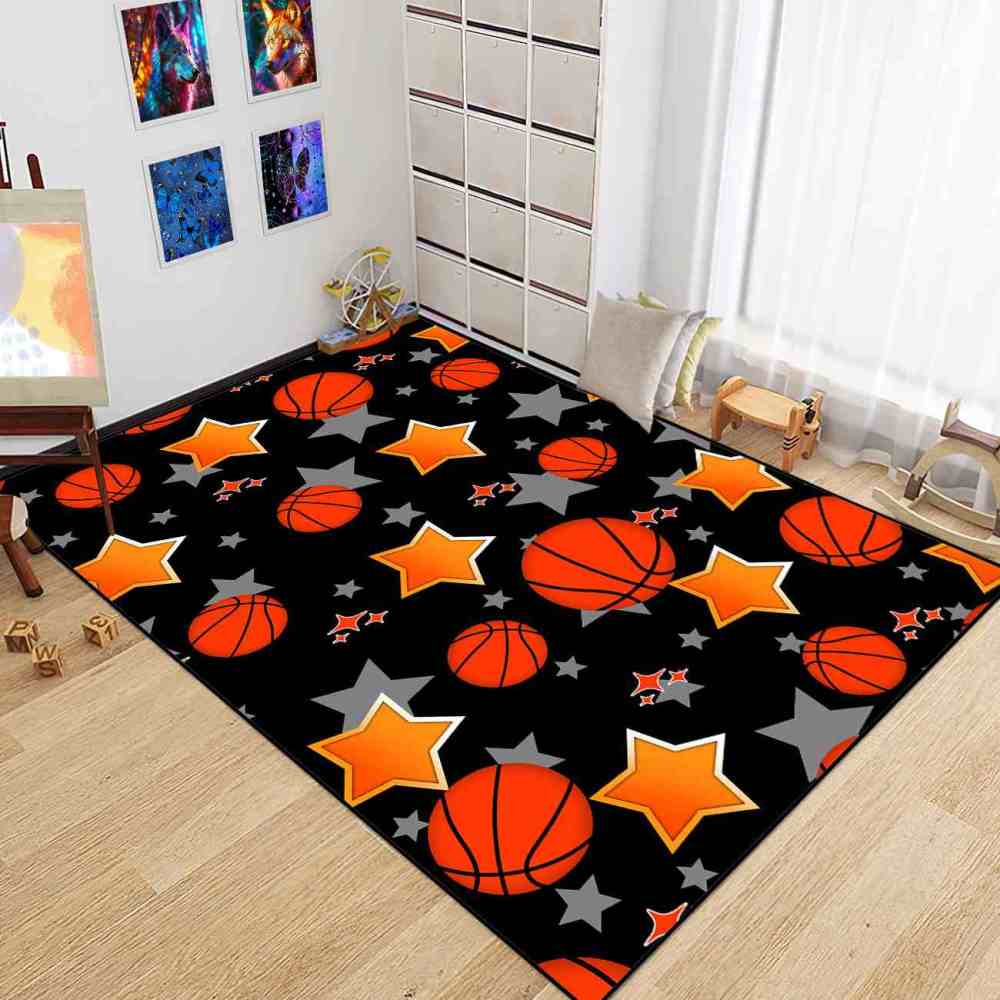 Sporty Basketball and Stars Pattern Area Rug Kids Nursery | CozyLil