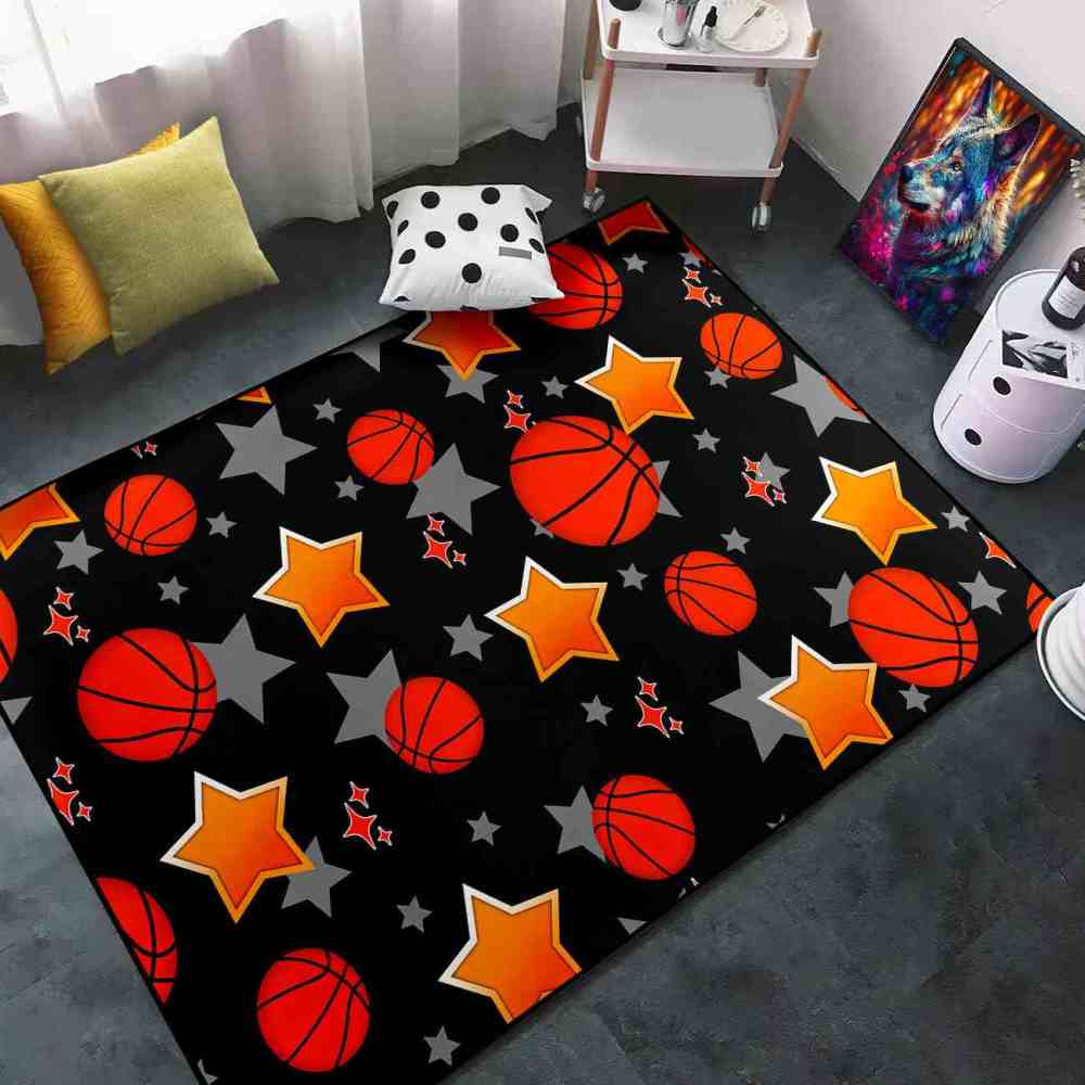 Sporty Basketball and Stars Pattern Area Rug Kids Nursery | CozyLil