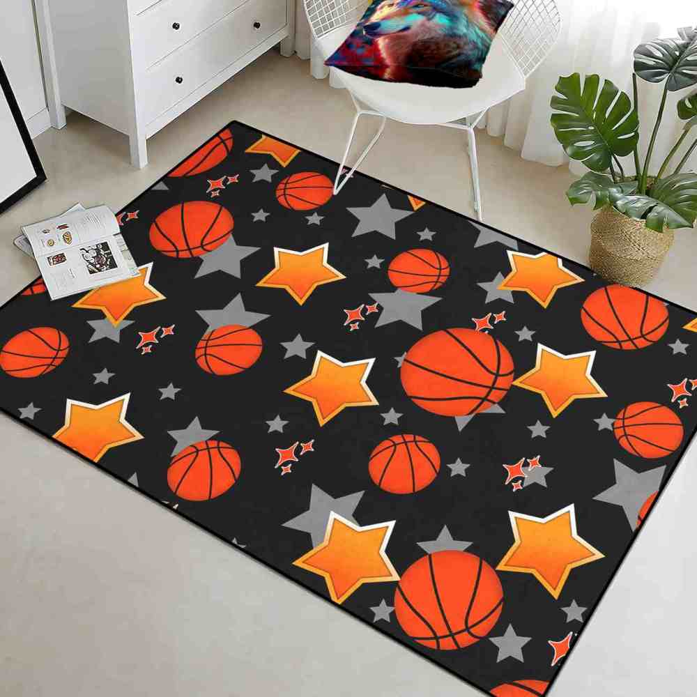 Sporty Basketball and Stars Pattern Area Rug Kids Nursery | CozyLil