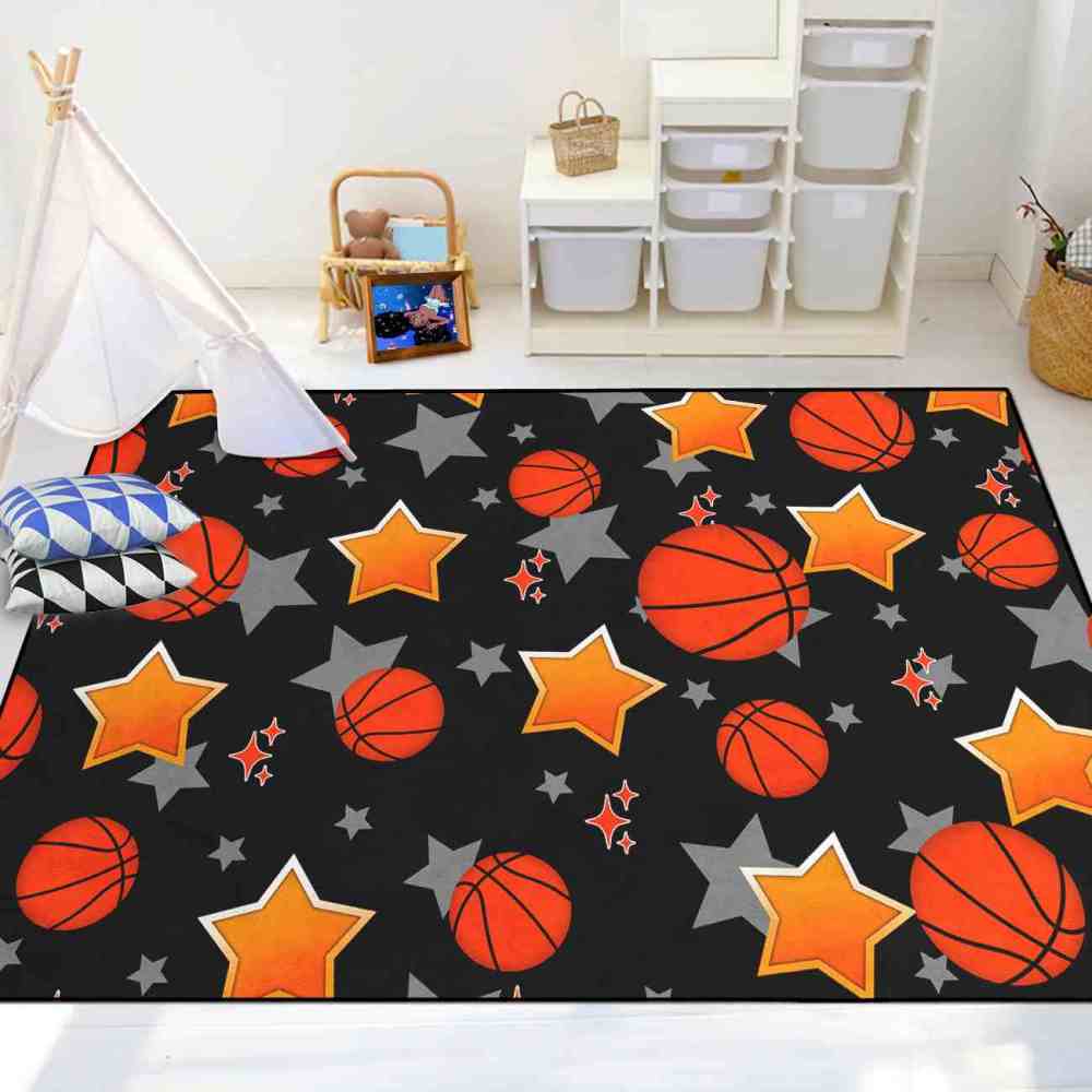 Sporty Basketball and Stars Pattern Area Rug Kids Nursery | CozyLil