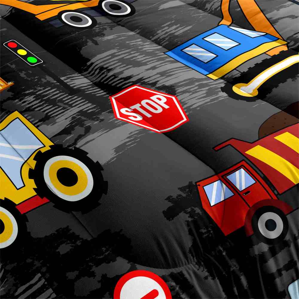 Construction Vehicles Comforter Set Grey Road Boys Bedding | CozyLil