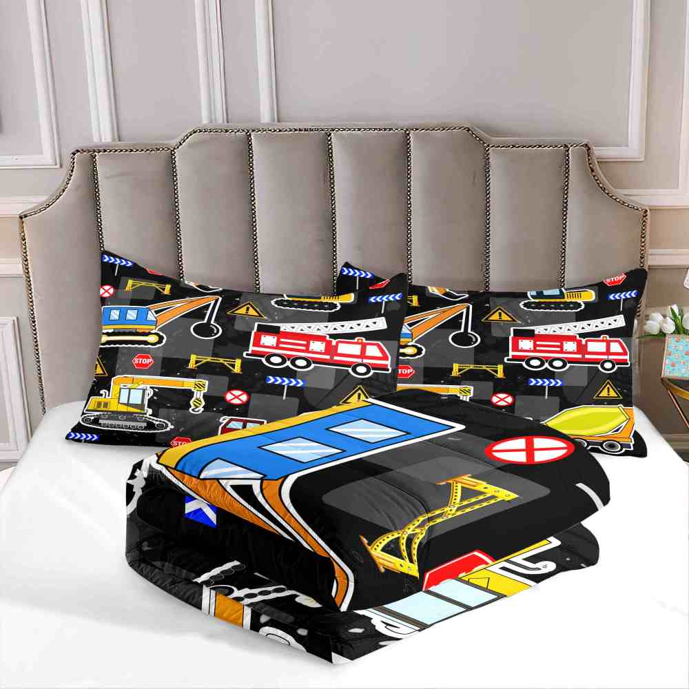 Excavator & Fire Engine Comforter Set Kids Bedding | CozyLil