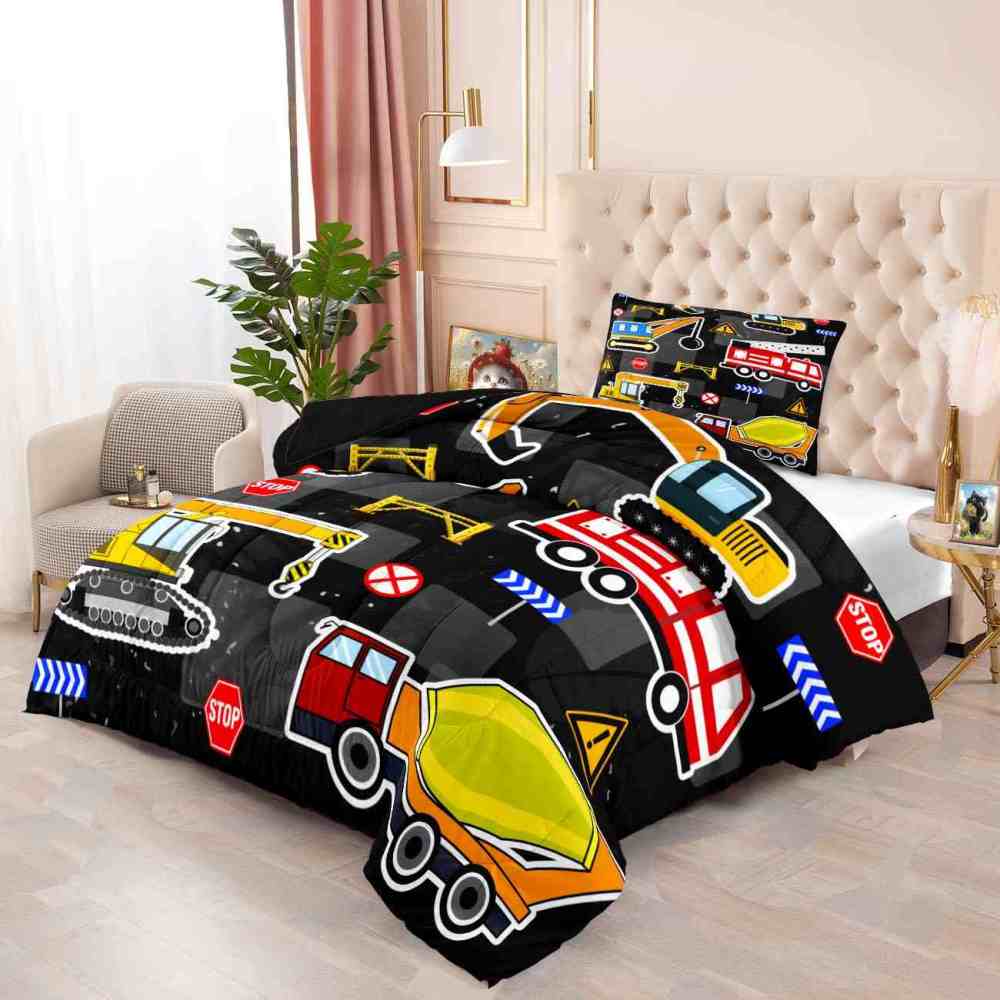 Excavator & Fire Engine Comforter Set Kids Bedding | CozyLil