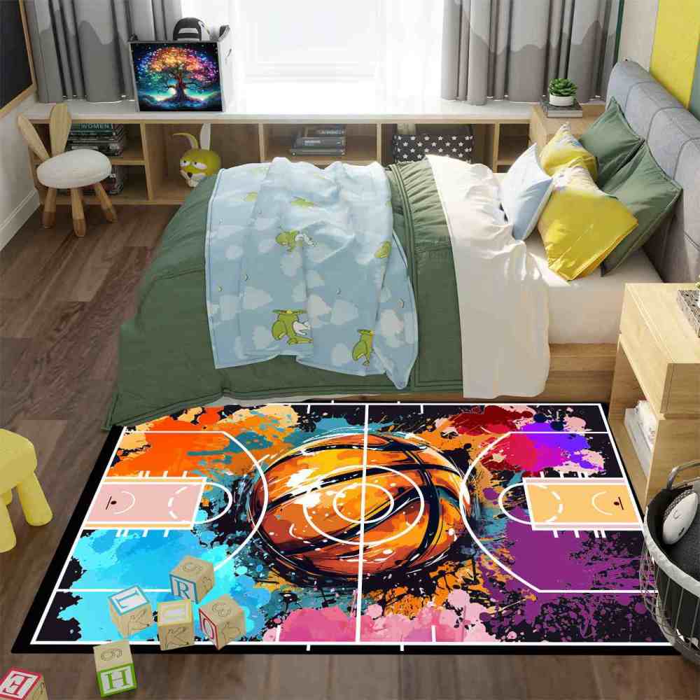 Colorful Paint Splatter Basketball Court Boys Playroom Area Rug | CozyLil