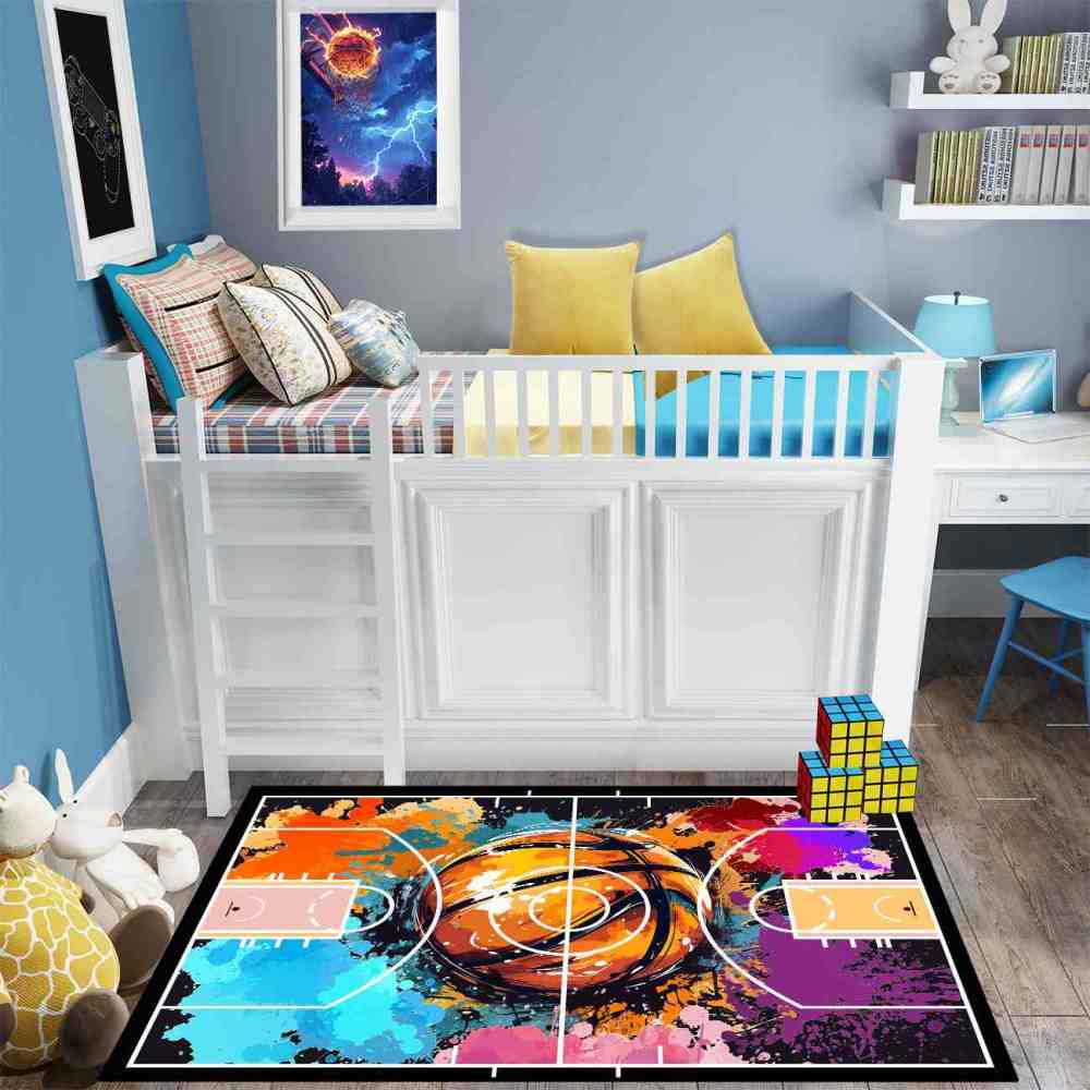 Colorful Paint Splatter Basketball Court Boys Playroom Area Rug | CozyLil