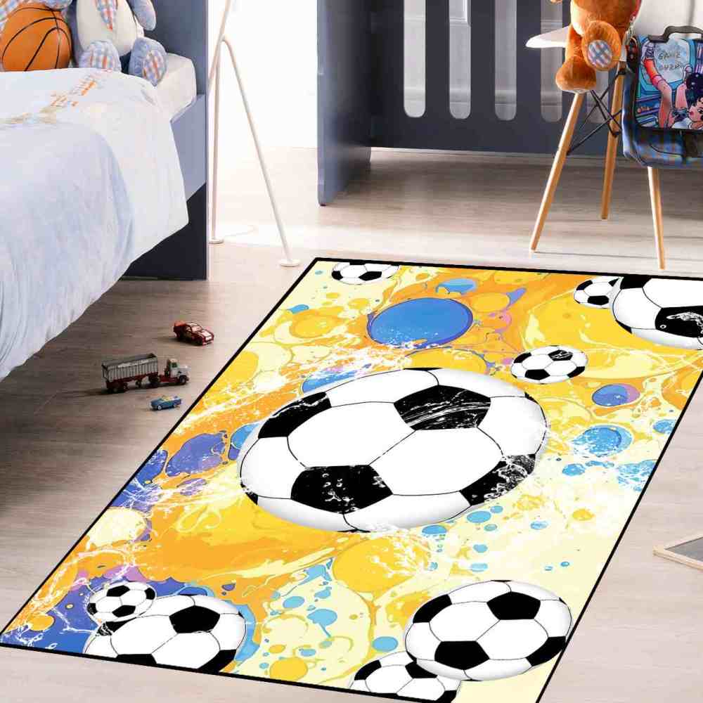 Dynamic Soccer Ball Splash Yellow Blue Kids Nursery Floor Mat | CozyLil