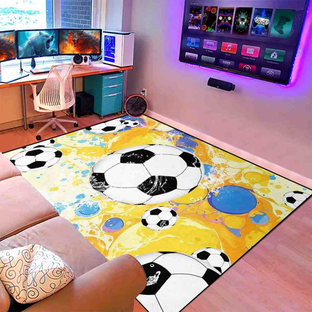 Dynamic Soccer Ball Splash Yellow Blue Kids Nursery Floor Mat | CozyLil