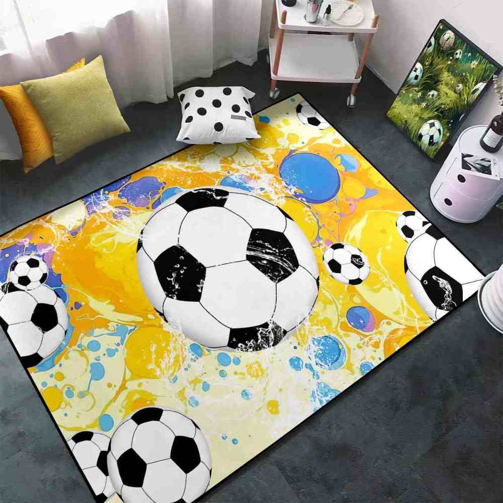 Dynamic Soccer Ball Splash Yellow Blue Kids Nursery Floor Mat | CozyLil