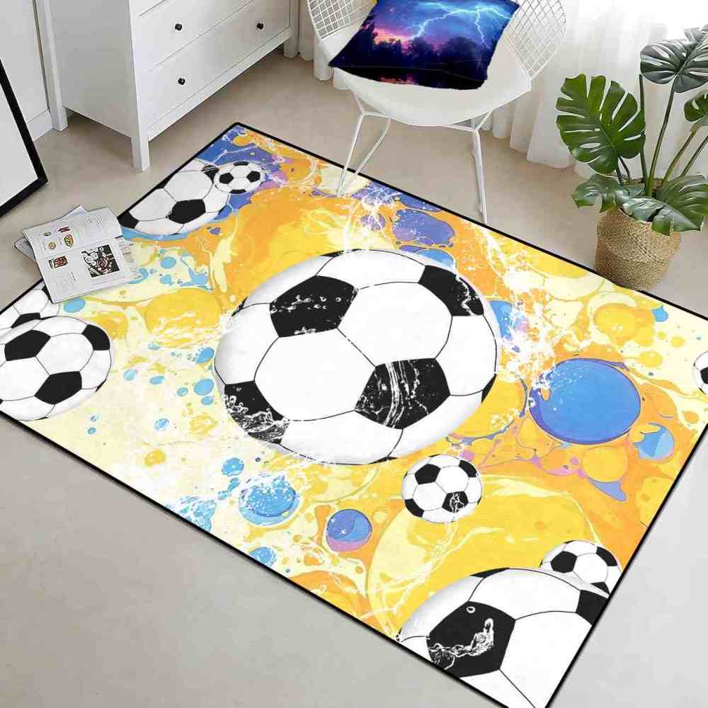 Dynamic Soccer Ball Splash Yellow Blue Kids Nursery Floor Mat | CozyLil
