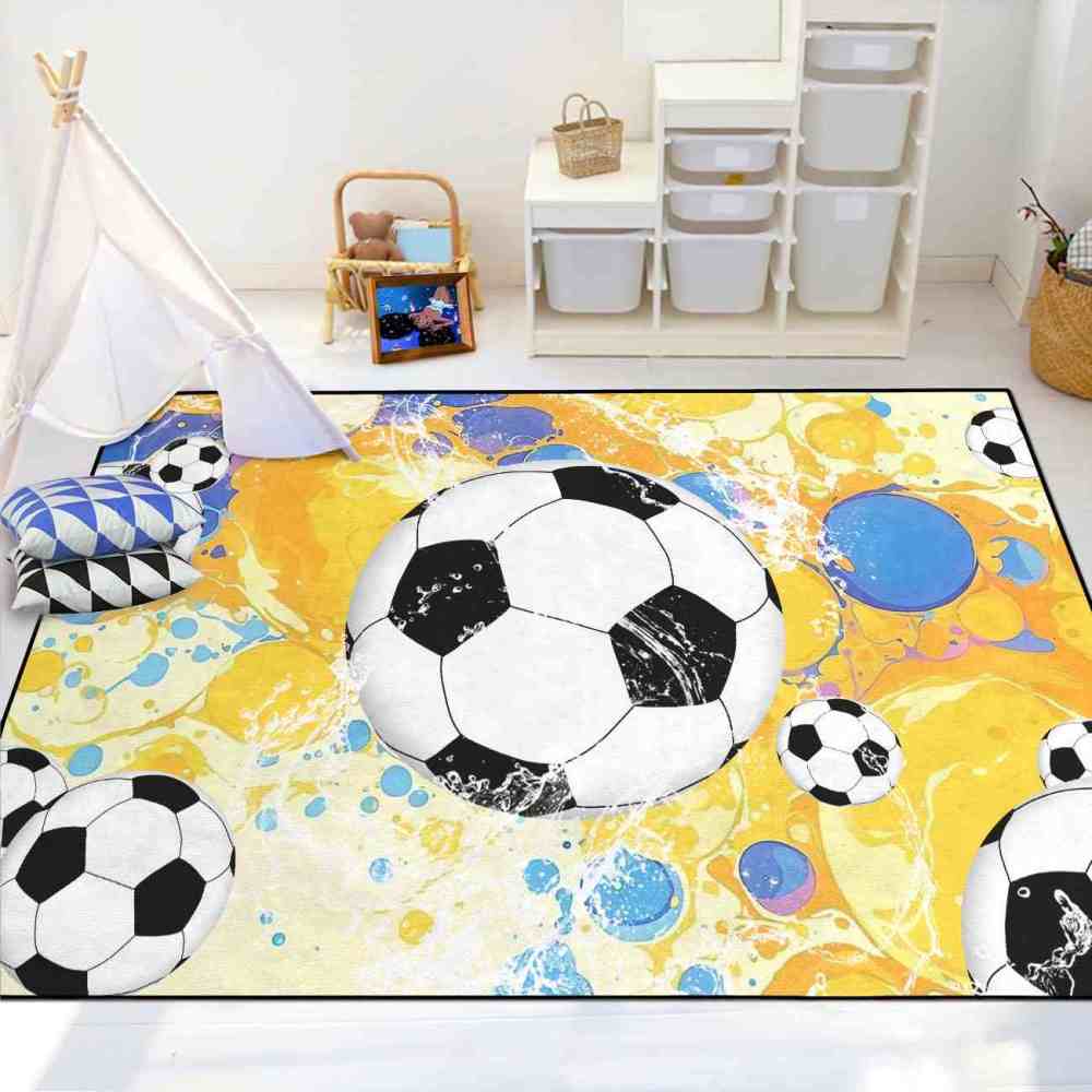 Dynamic Soccer Ball Splash Yellow Blue Kids Nursery Floor Mat | CozyLil