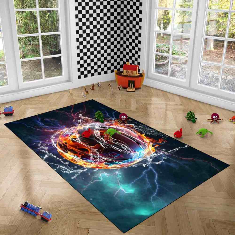 Fiery Water Basketball Lightning Strike Boys Bedroom Area Rug | CozyLil