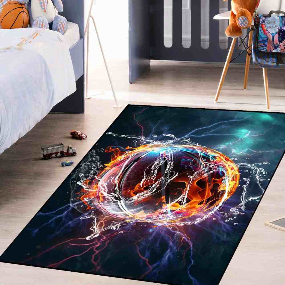 Fiery Water Basketball Lightning Strike Boys Bedroom Area Rug | CozyLil