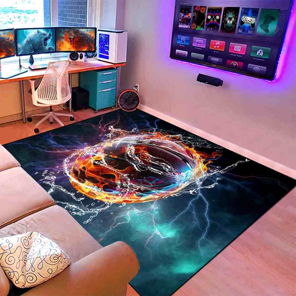 Fiery Water Basketball Lightning Strike Boys Bedroom Area Rug | CozyLil