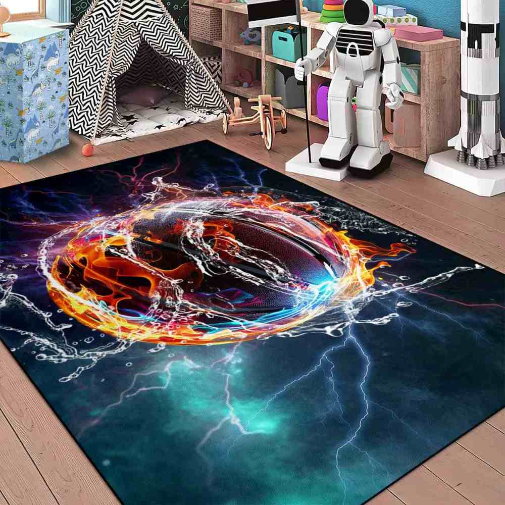 Fiery Water Basketball Lightning Strike Boys Bedroom Area Rug | CozyLil