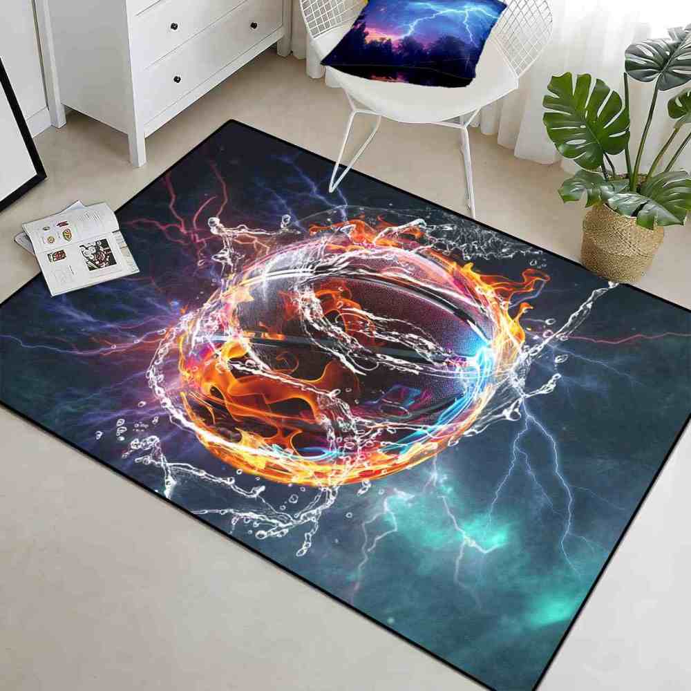Fiery Water Basketball Lightning Strike Boys Bedroom Area Rug | CozyLil