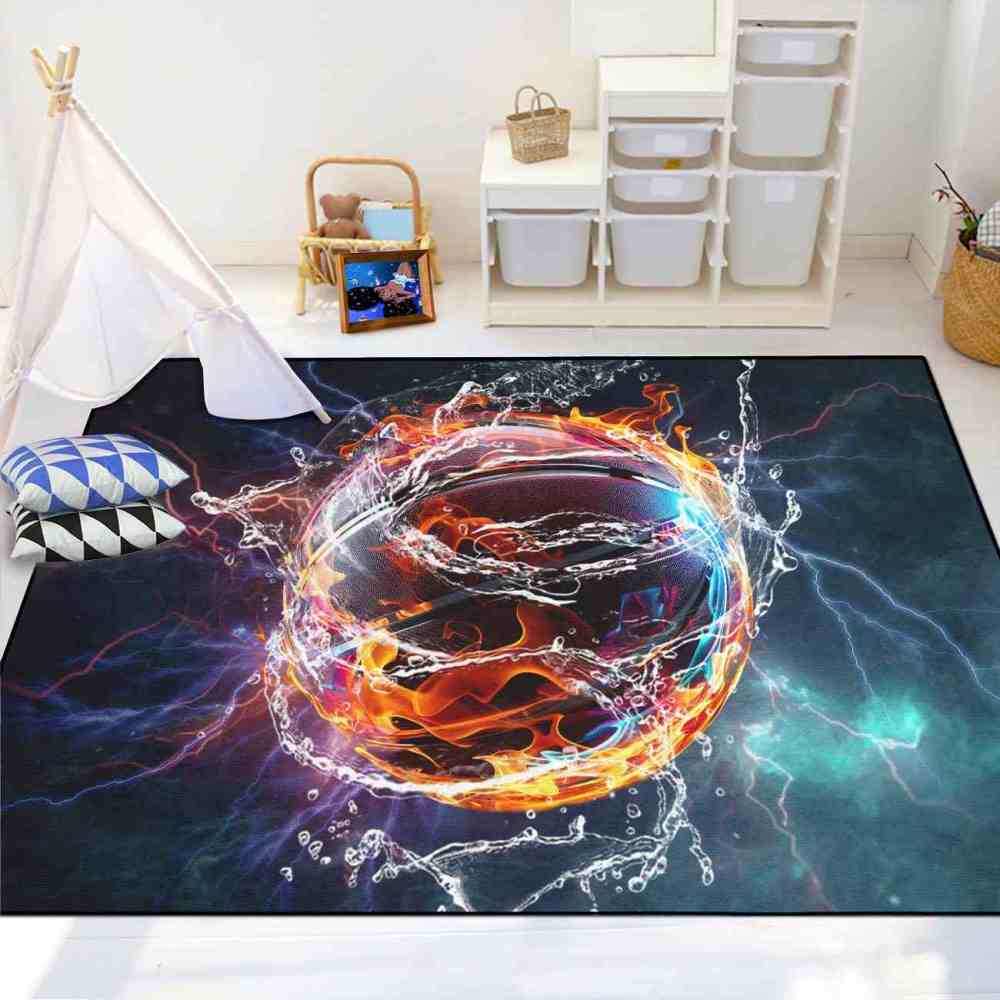 Fiery Water Basketball Lightning Strike Boys Bedroom Area Rug | CozyLil