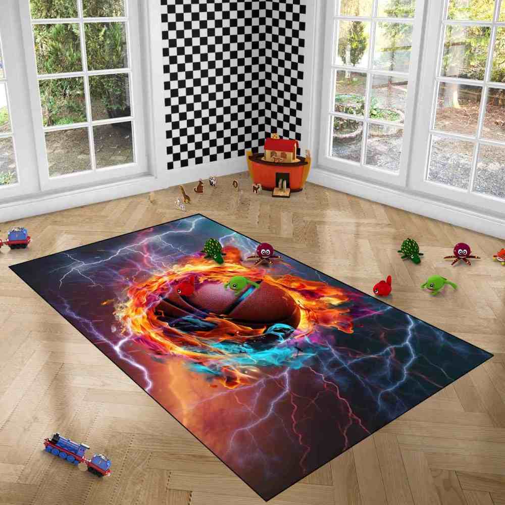 Vibrant Swirling Fire Basketball Kids Playroom Floor Mat | CozyLil